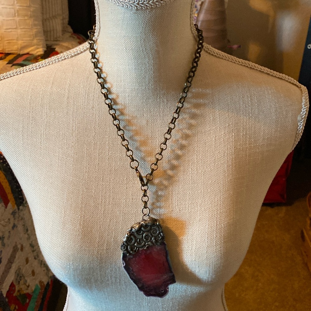 Art by Amy BNNU necklace with ruby colored large slab as pendant.